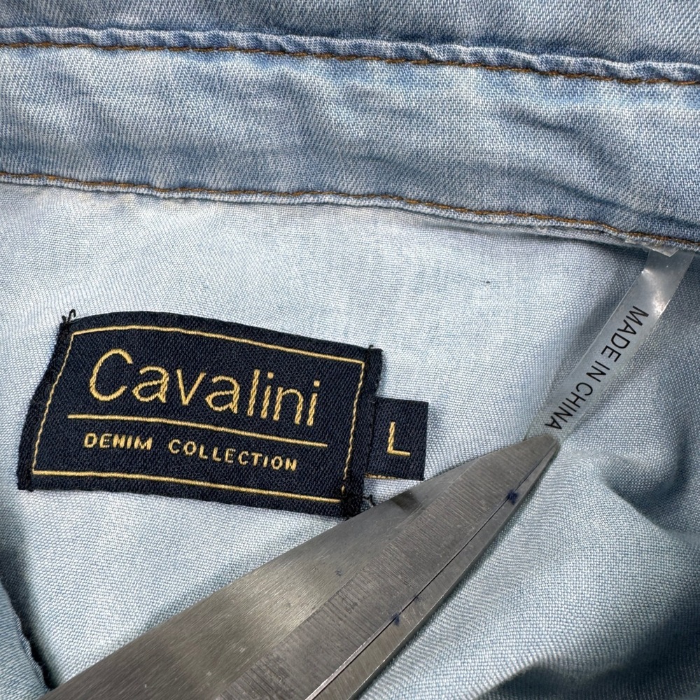 Cavalini Womens Denim Shirt Light Wash Large Western Snap Button Roll Tab Sleeve - Picture 6 of 7